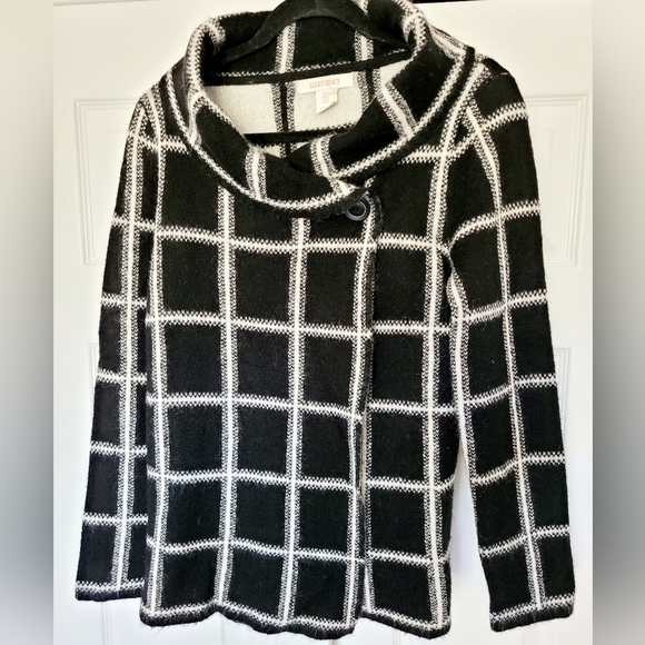 Ellen Tracy Women's Wool Blend Jacket Cardigan Checker Black&White High Neck Med - Picture 16 of 16
